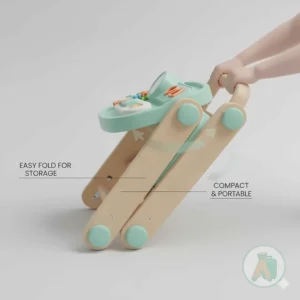 Graphic showing a baby walker being folded flat for easy storage and travel portability.