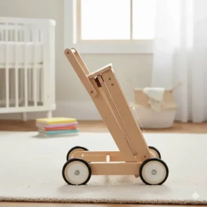 Illustration showing a compact, foldable baby walker for easy storage in carpeted nurseries.