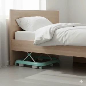 A collapsed blue baby walker tucked neatly under a bed frame to demonstrate space-saving features.