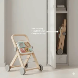 Illustration showing a modern, foldable push walker for baby tucked away in a small closet for space-saving.