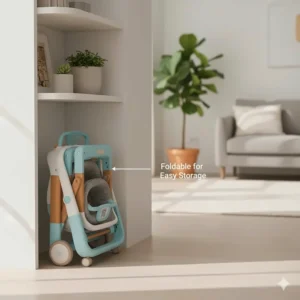 A compact, folded smart baby walker tucked away in a small space to demonstrate portability.