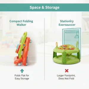 Comparison of a compact folding walker versus a larger, stationary activity exersaucer for home storage.