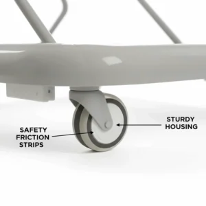 Illustration highlighting safety friction strips and sturdy housing on baby walker replacement wheels.