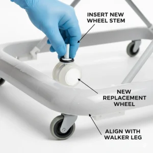 Step-by-step guide showing the insertion of a new replacement wheel into a baby walker leg.