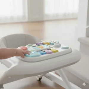 Close-up of a smart baby walker activity tray featuring buttons, gears, and educational electronics.