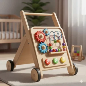 Colorful illustration of a sit-to-stand push walker for baby with built-in gears, beads, and musical buttons.