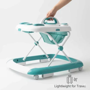 A lightweight baby walker frame with a carrying handle, highlighting portability for travel and outdoor use.