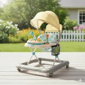 An adjustable UV-protection sun canopy accessory attached to the top of a baby walker.