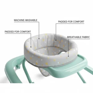 Illustration of a machine-washable, padded seat cover on a foldable walker for infant comfort.