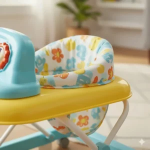 Detailed shot of a high-back padded seat providing lumbar support in a seated baby walker.