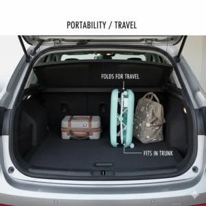 A folded baby walker placed inside a car trunk, highlighting its portability for family trips.