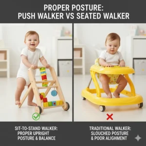 Illustration of a baby maintaining proper upright posture while using a sit-to-stand push walker for balance.