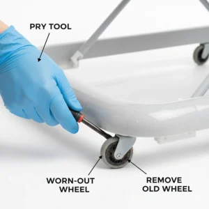 Illustration demonstrating how to safely remove worn-out wheels from a baby walker base.
