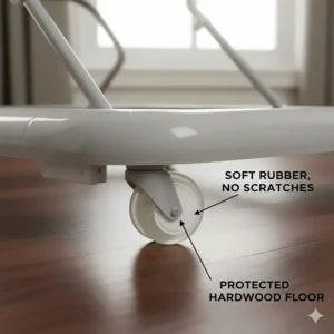 Illustration of soft rubber baby walker wheels designed to prevent scratches on hardwood floors.