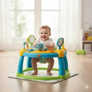 A happy baby sitting in a stationary activity center without wheels as a safe alternative to a walker.