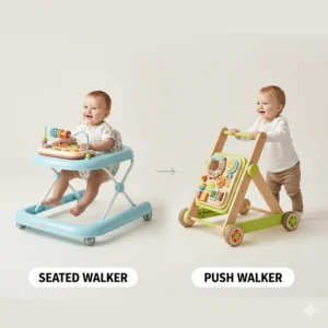 Comparison diagram showing a traditional seated baby walker and a modern push-behind activity walker.