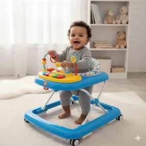 A colorful sit-in activity baby walker with a toy tray and adjustable height settings for infants.