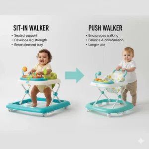 Side-by-side comparison of a traditional seated baby walker and a sit-to-stand push walker for developmental stages.