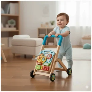 An illustration of a sit-to-stand activity walker highlighting the sturdy handle and interactive toy panel for developmental play.