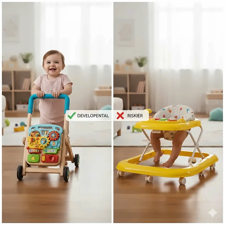 A side-by-side comparison of a colorful sit-to-stand push walker and a traditional seated baby walker on a wooden floor. sit to stand walker vs traditional walker