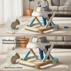 Multi-surface wheels on a smart baby walker transitioning easily from hardwood floors to carpets.