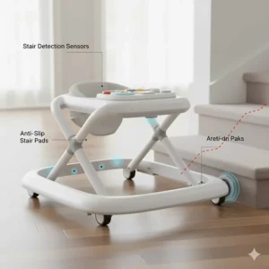 Diagram showing smart baby walker safety sensors and anti-slip stair pads for infant security.