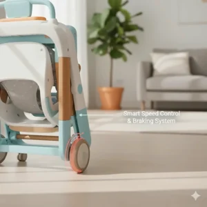 Illustration of the rear wheel speed control and braking system on a premium smart baby walker.