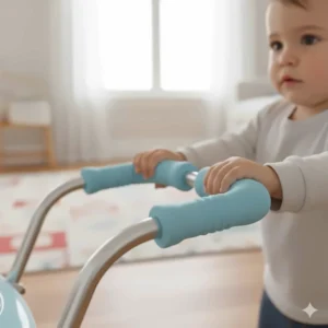 Ergonomic silicone handlebar grips for a baby walker to provide a non-slip surface for toddlers.