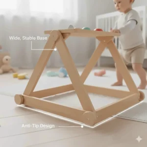 Illustration highlighting a wide, stable base design to prevent tipping while baby pushes the walker.