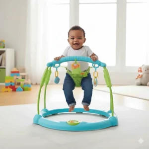 A baby jumper featuring a spring-based seat that allows infants to bounce safely in place.