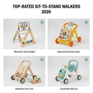 A curated selection of the top-rated sit-to-stand walkers for 2026 featuring wooden and modern plastic designs.