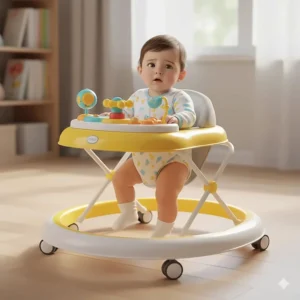 Illustration of a traditional seated baby walker showing the fabric seat and plastic frame with 360-degree wheels.