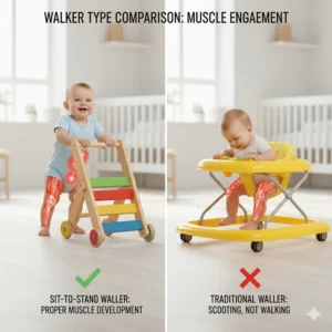 Diagram showing how a sit-to-stand walker encourages natural weight-bearing and core strength compared to a seated walker.