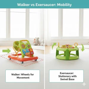 A visual highlighting the difference between a walker's wheels and an exersaucer’s stationary, rockable base.