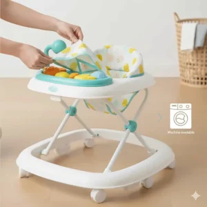 An illustration of a removable, machine-washable padded seat cover being detached from a baby walker frame.