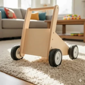 Diagram showing a baby walker with a wide, stable base to prevent tipping on thick rugs.
