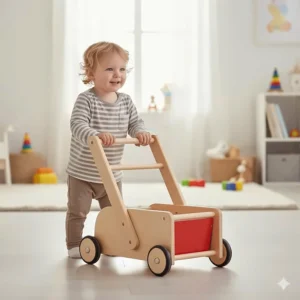A classic wooden push baby walker with a storage bin and non-slip wheels for toddlers learning to walk.