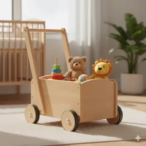 A classic wooden wagon-style push walker for baby filled with plush toys and building blocks.