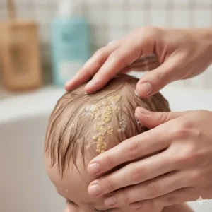Hand gently massaging specialized shampoo into a baby's damp hair to treat seborrheic dermatitis.