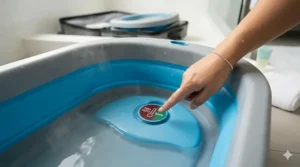 Close-up illustration of a temperature-sensing drain plug in a portable baby bathtub.