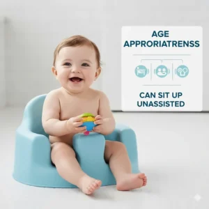 Infographic showing a baby bath seat being used by an infant who can sit up unassisted.