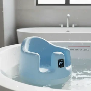 Illustration of a baby bath seat featuring a built-in digital temperature indicator.
