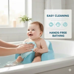 Illustration of a parent easily washing an infant while the baby bath seat provides secure upright support.
