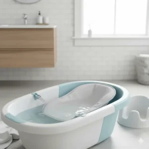 A multi-stage baby bathtub featuring a removable mesh sling for newborn head and neck support.