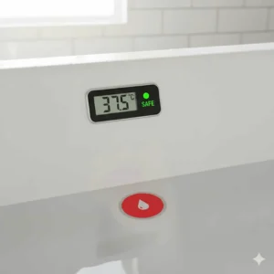 Close-up of a digital water thermometer and heat-sensitive drain plug showing safe bathing temperature.