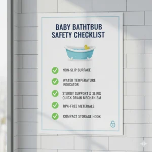 An illustrative checklist highlighting key safety features to look for when buying a baby bathtub.