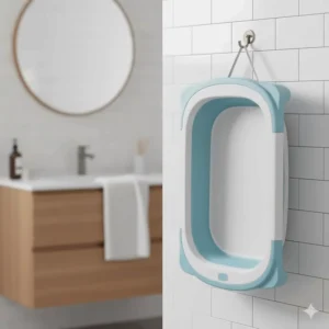 A baby bathtub hanging on a bathroom wall hook to demonstrate space-saving storage.