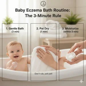 Step-by-step routine showing bath time, patting dry, and applying moisturizer for eczema relief.