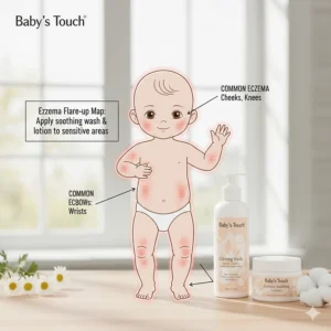 Illustration showing common areas for baby eczema and where to apply soothing wash and lotion.