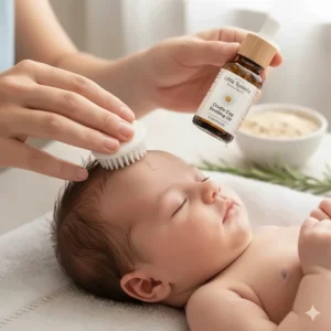 An illustration showing a soft silicone brush and oil used as baby hair products for cradle cap treatment.